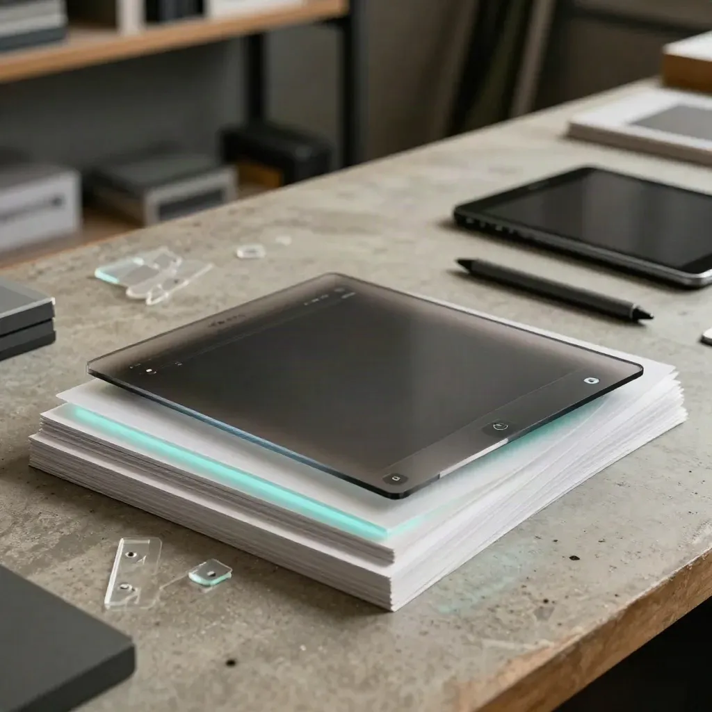 UI makety, tablet a stylus na ateliérovém stole s jemným cyan odleskem.
