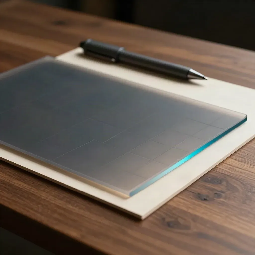 Průsvitné UI fólie, stylus a tablet na ořechovém podkladu v dramatickém světle.