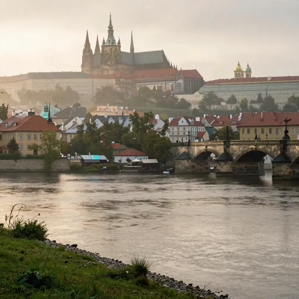Pražský hrad a Vltava v ranní mlze nad klidným řekou.